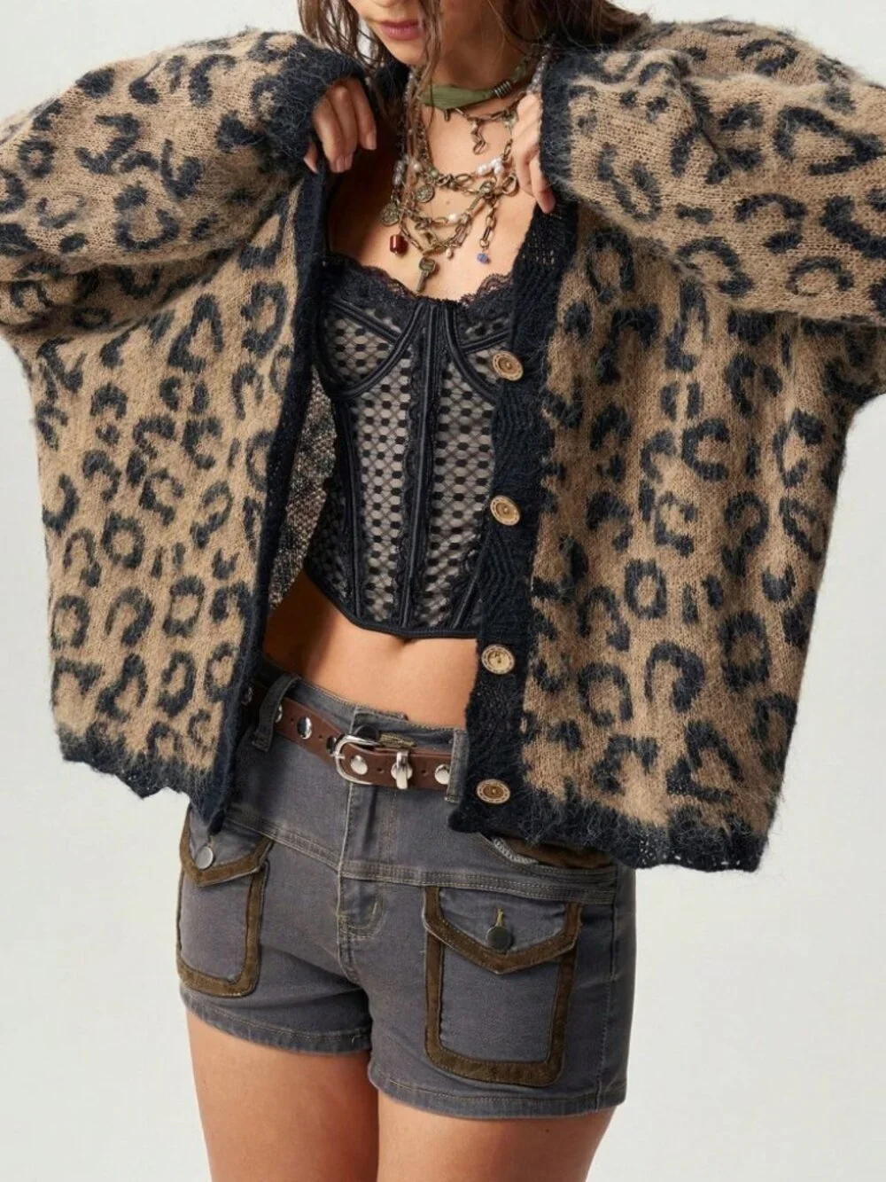 Tan & Black Leopard Print Cardigan, Oversized Knit